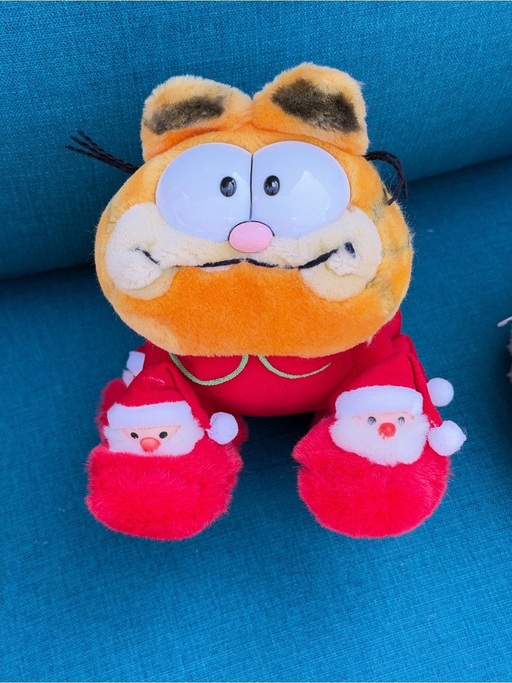 Holiday Orange Cat Plush with Red Santa Slippers